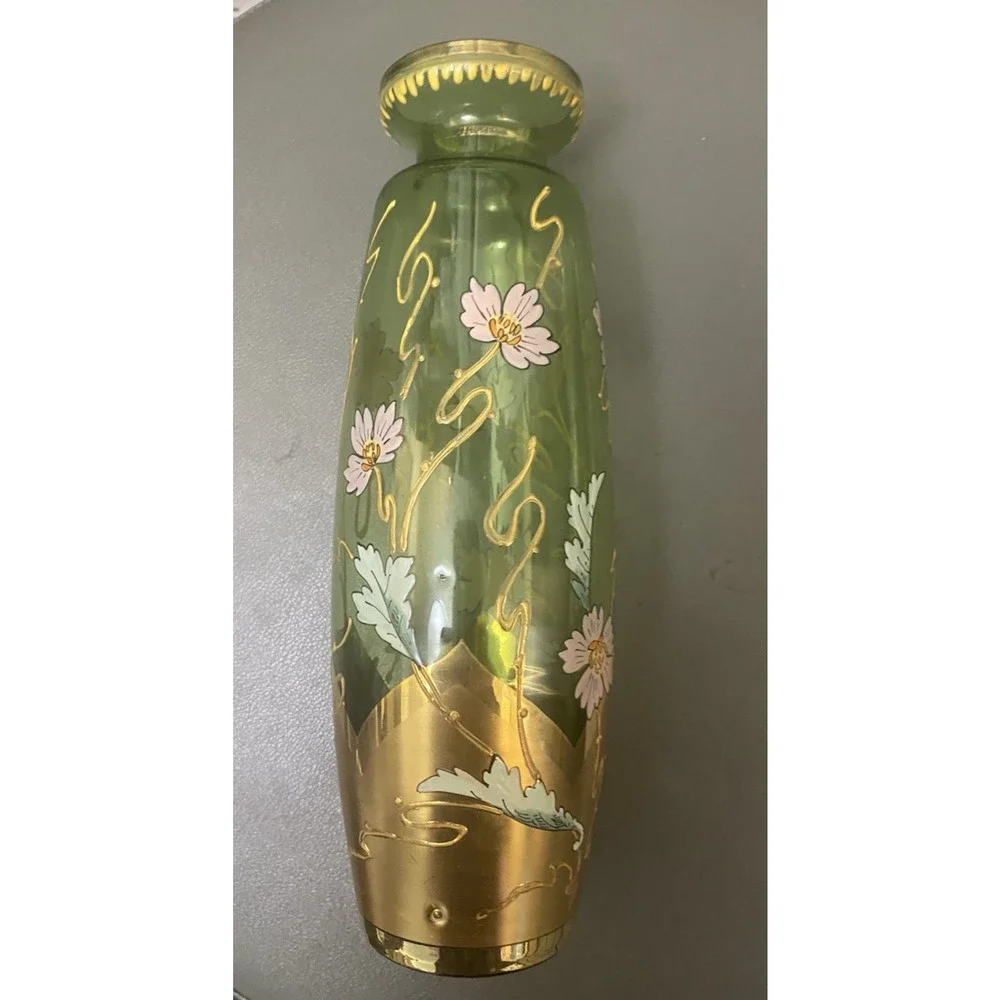 Fritz Heckert Style Art Nouveau Green Floral Gilt Enamel Blown Glass Vase 9.25